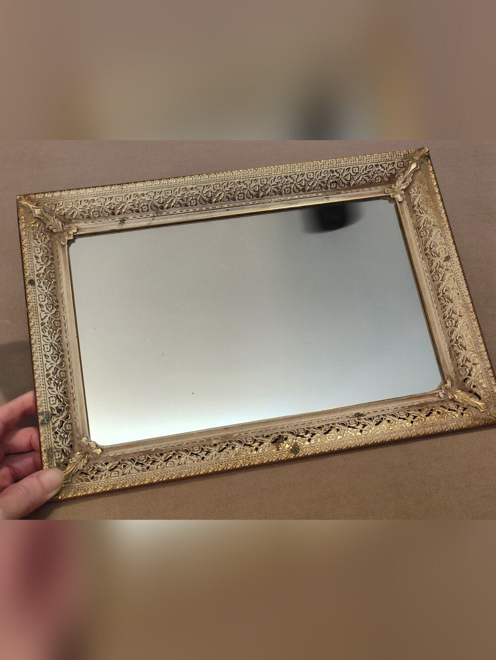 Vintage 1960's Hollywood Regency Ornate Gold Filigree Mirrored Tray